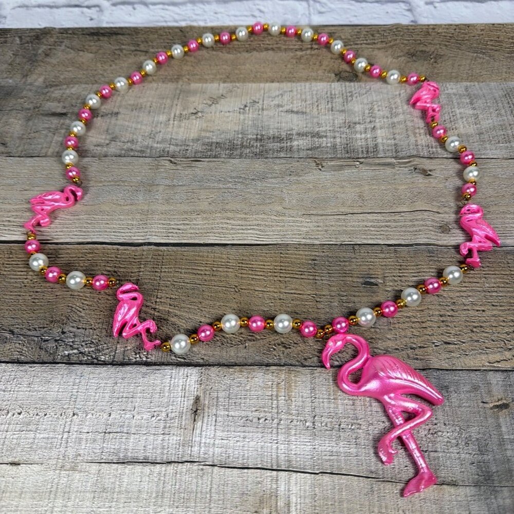 Mardi Gras Bead Long Necklace 5 Pink Flamingo Resin White Faux Pearl Gold Tone